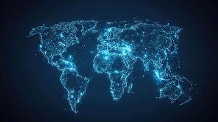 Poster - Abstract world map with glowing lines and data nodes illustrating global telecommunication networks. Vector design for business data connections and international networks.