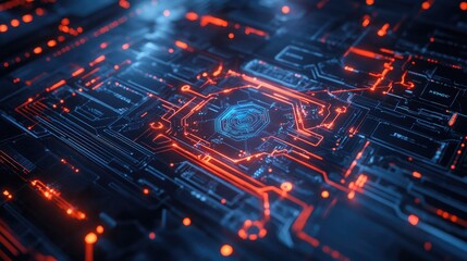 Poster - AI design with electric circuits and digital textures. Ideal for technology graphics, logo creation, and mobile applications. Showcases a sleek, futuristic machine learning concept. -