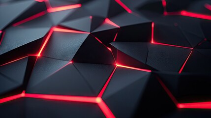 Poster - Black polygon design illuminated with radiant red light, creating a striking and futuristic abstract technology background.