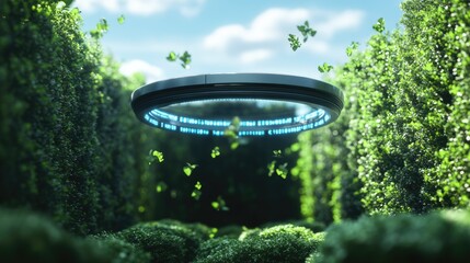 Poster - Business technology privacy symbol in 3D, hovering over a garden with a blue sky, representing secure data and peace of mind.