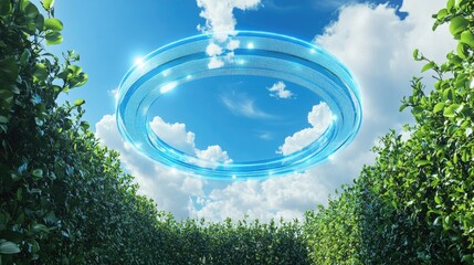 Poster - Business technology privacy symbol in 3D, hovering over a garden with a blue sky, representing secure data and peace of mind.
