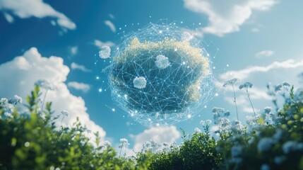 Poster - Business technology privacy symbol in 3D, hovering over a garden with a blue sky, representing secure data and peace of mind.