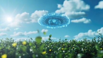 Poster - Business technology privacy symbol in 3D, hovering over a garden with a blue sky, representing secure data and peace of mind.