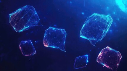 Poster - Communication concept banner featuring glowing polygonal speech bubbles against a dark blue backdrop. Ideal for virtual networking, e-commerce, and digital dialogue themes. -