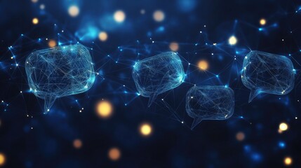 Poster - Communication concept on a dark blue polygonal background with glowing speech bubbles. Ideal for e-commerce and virtual networking themes with clear copy space.