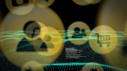 Poster - Binary code and digital wave animation over social media icons
