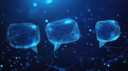 Poster - Communication concept on a dark blue polygonal background with glowing speech bubbles. Ideal for e-commerce and virtual networking themes with clear copy space.