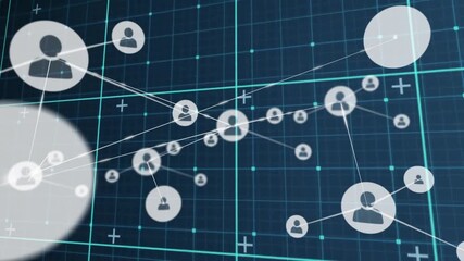 Aufkleber - Network of connected user icons, data processing animation over blue grid background