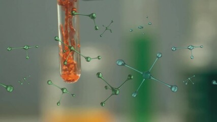 Sticker - Chemical reaction in test tube with animated molecular structures in laboratory