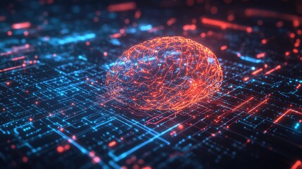 Poster - Digital 2D illustration of an AI brain with glowing connections and data flow. Highlights machine learning and intelligence technology. Perfect for modern tech visuals. -