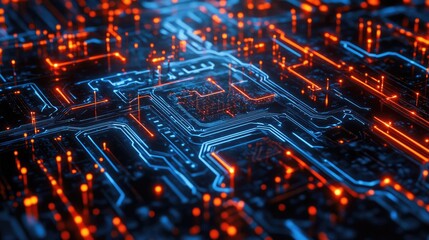 Poster - Digital Artificial Intelligence concept with electric circuit patterns and tech design. Suitable for logos, social media, and mobile apps. Emphasizes a futuristic machine learning aesthetic. -