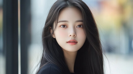 Front view of a 20-year-old Korean woman with a perfectly balanced face and natural beauty, featuring clear, unblemished skin and long hair, suitable for a realistic passport photo.