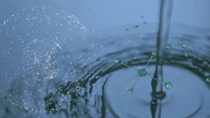 Poster - Molecular structure and data network animation over water ripple background