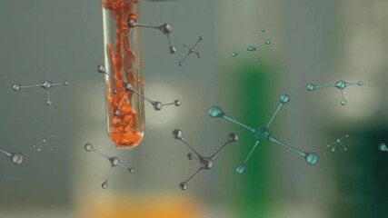 Sticker - Chemical reactions in test tube with animated molecular structures in laboratory