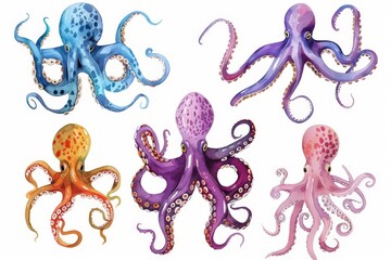 Wall Mural - Set of watercolor octopus, squid engraved Underwater ocean animal, marine seafood vector illustration on white background