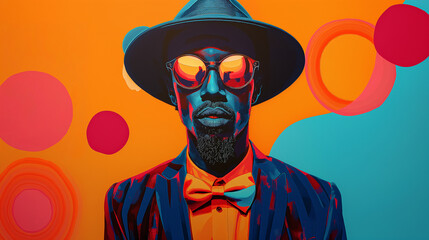 a man with bold sunglasses and hat stands against a backdrop of bright pop art graphics. modern cont