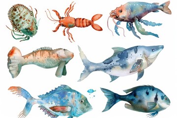 Wall Mural - Set of watercolor pastel underwater sea animal, marine seafood illustration on white background