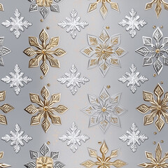 Wall Mural - Luxurious silver and gold snowflakes on a light gray background, representing a festive winter or holiday theme with intricate details.