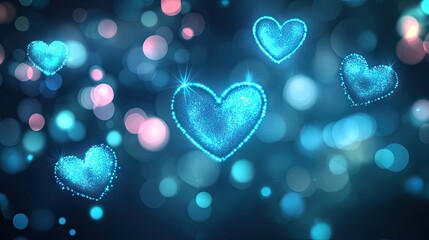 Poster - Elegant banner design featuring glowing neon blue hearts in a bokeh style, with a soft and romantic atmosphere and room for copy.