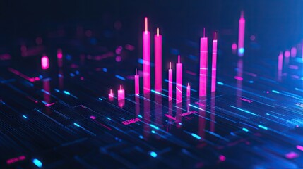 Poster - Futuristic 3D candlestick chart with glowing bars on a blue backdrop. Represents market fluctuations and trading concepts. Great for finance and investment graphics. -