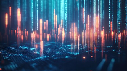 Poster - Futuristic 3D candlestick chart with glowing bars on a blue backdrop. Represents market fluctuations and trading concepts. Great for finance and investment graphics. -