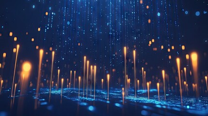 Poster - Futuristic 3D candlestick chart with glowing bars on a blue backdrop. Represents market fluctuations and trading concepts. Great for finance and investment graphics. -