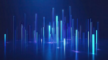 Poster - Futuristic 3D candlestick chart with glowing bars on a blue backdrop. Represents market fluctuations and trading concepts. Great for finance and investment graphics. -