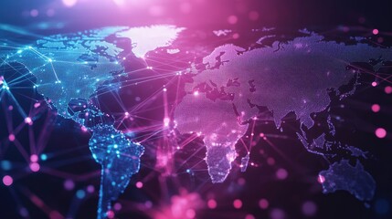 Poster - Futuristic world map with abstract data connections and telecommunication network lines. Vector illustration showcasing global business interactions and data flow.