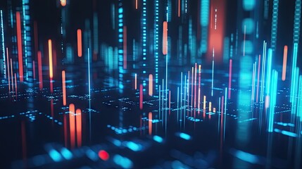Poster - Glowing 3D candlestick chart with a blue background. Represents financial data and market analysis with a modern, sleek design. Perfect for business and trading visuals. --