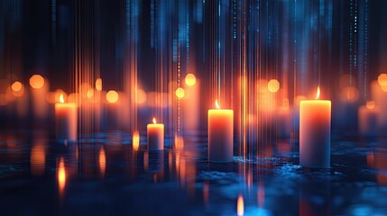 Poster - Glowing 3D candlestick chart with a blue background. Represents financial data and market analysis with a modern, sleek design. Perfect for business and trading visuals. --