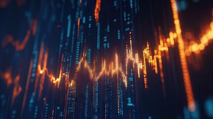 Poster - Glowing candlestick chart in 3D on a sleek blue background, showcasing market trends and trading data. Ideal for financial reports and investment analysis.