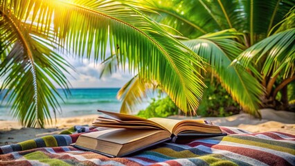 a worn leather-bound book lies open on a colorful beach towel, shaded by a towering palm tree's lush green fronds.