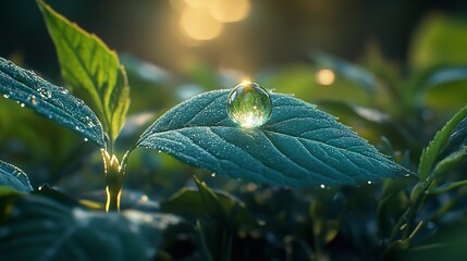 View of dew drops on fresh summer leaves early in the morning.