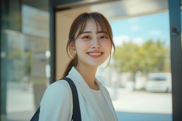 Wall Mural - An Asian woman in a white suit smiles confidently while posing outdoors, with a backdrop of modern architecture and office buildings.