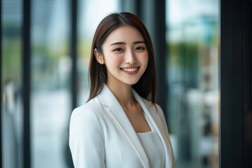 Wall Mural - An Asian woman in a white suit smiles confidently while posing outdoors, with a backdrop of modern architecture and office buildings.