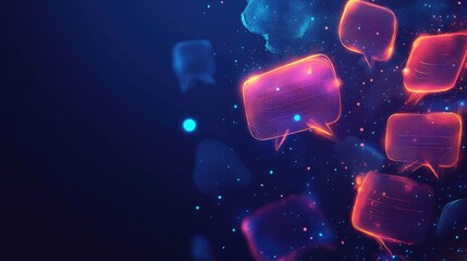 Poster - Innovative e-commerce and communication banner featuring glowing speech bubbles in a polygonal style. Dark blue background with space for virtual networking and dialogue content.