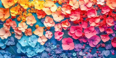 Wall Mural - Rainbow gradient made of hydrangea flowers is lying on blue background