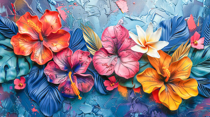 Wall Mural - Colorful tropical paper flowers forming vibrant background