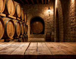 wooden table top with super blur background of wine cellar. Exuberant image