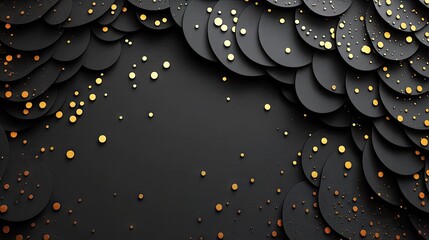 Poster - Modern abstract 3D background with carbon-textured black paper slices and shimmering golden dots, providing a sleek and glamorous design element.