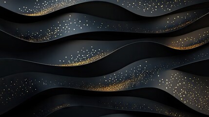 Poster - Modern abstract 3D illustration of black paper layers sliced with golden glittering dots, providing a chic and textured backdrop for design work.