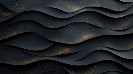 Poster - Modern abstract 3D illustration of black paper layers sliced with golden glittering dots, providing a chic and textured backdrop for design work.
