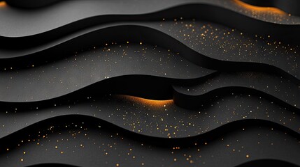 Poster - Modern abstract 3D illustration of black paper layers sliced with golden glittering dots, providing a chic and textured backdrop for design work.