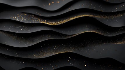 Poster - Modern abstract 3D illustration of black paper layers sliced with golden glittering dots, providing a chic and textured backdrop for design work.