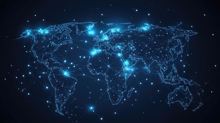 Poster - Modern abstract world map with glowing data connections and network nodes, representing global business and telecommunication. Vector illustration of interconnected global data.