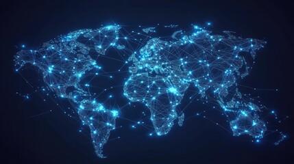 Poster - Modern abstract world map with glowing data connections and network nodes, representing global business and telecommunication. Vector illustration of interconnected global data.