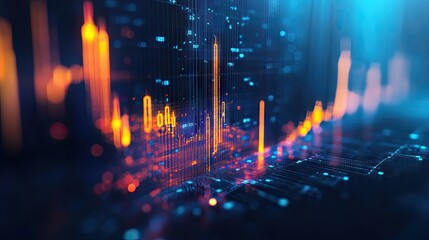Poster - Modern glowing candlestick chart in 3D, set against a vibrant blue backdrop. Symbolizes market fluctuations and financial data analysis. Perfect for finance and trading presentations.