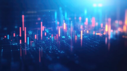 Poster - Modern glowing candlestick chart in 3D, set against a vibrant blue backdrop. Symbolizes market fluctuations and financial data analysis. Perfect for finance and trading presentations.