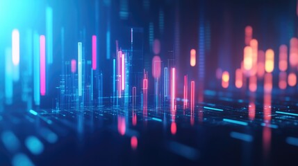 Poster - Modern glowing candlestick chart in 3D, set against a vibrant blue backdrop. Symbolizes market fluctuations and financial data analysis. Perfect for finance and trading presentations.