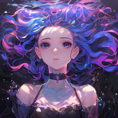 Wall Mural - Majestic illustration of anime girl with ombre pink and purple hair, fantastical anime portrait